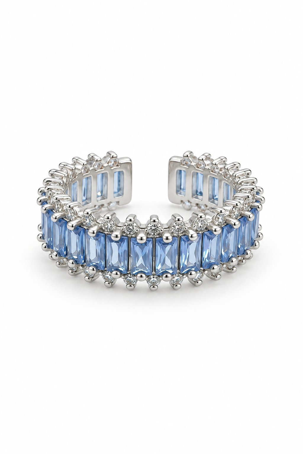 Anello Eternity Zaffiro di Mezzanotte regolabile con cristalli azzurri rettangolari