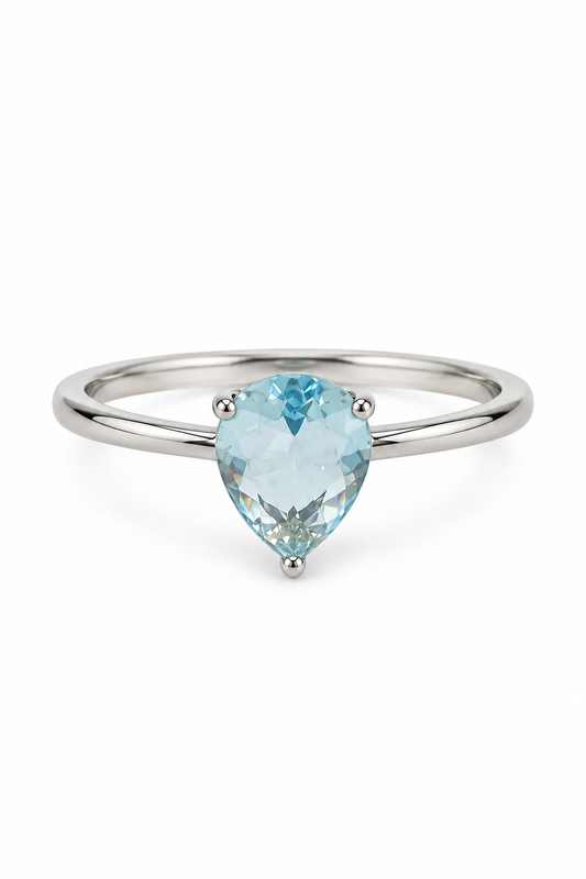 Anello Goccia d’Acquamarina regolabile in argento, vista frontale