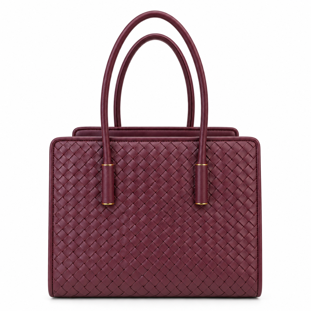 Borsa Amaranta in pelle bordeaux con sfumature prugna, intreccio fatto a mano, doppi manici lunghi e dettagli color oro