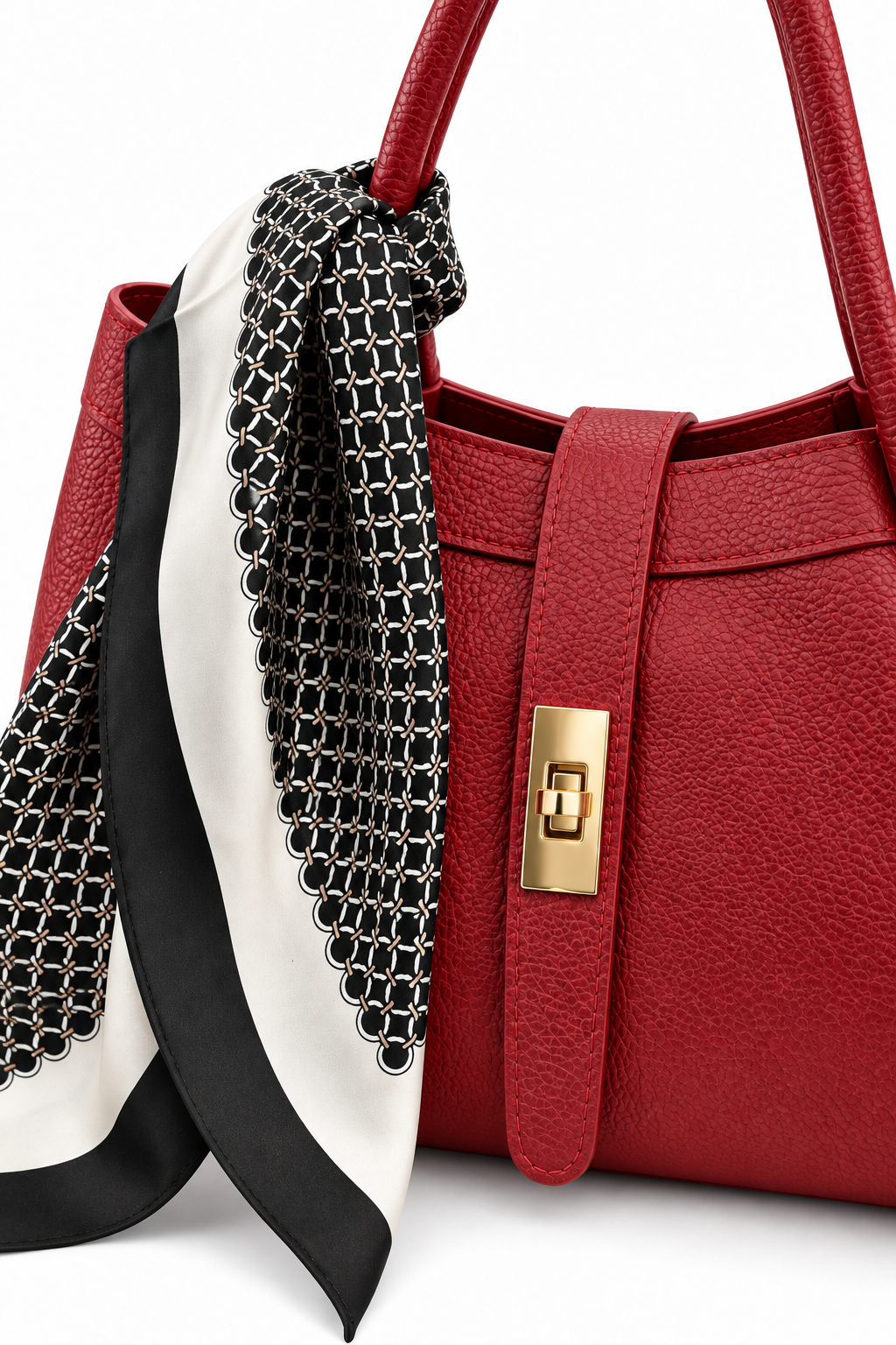 Dettaglio foulard, pelle martellata e chiusura dorata della Borsa Rubino Éclat