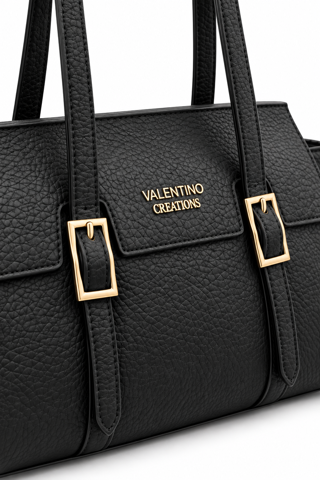Dettaglio fibbie dorate e texture della Borsa Valentino Creations Noir Élégance